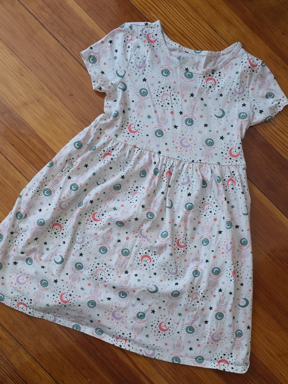 wonder nation White Moon & Star Print Casual Dress with Green and Pink Accents